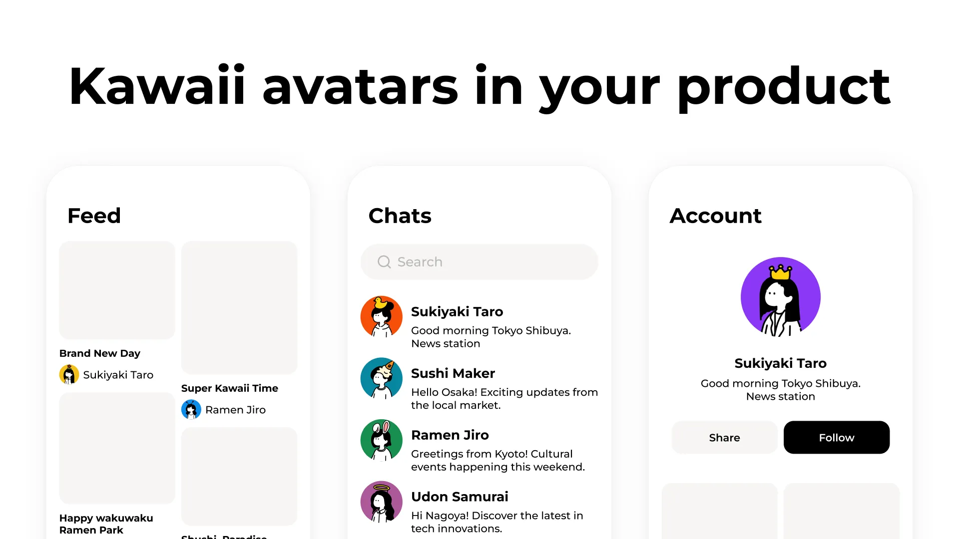 Humation avatars used in a feed, a chat list, and an account screen